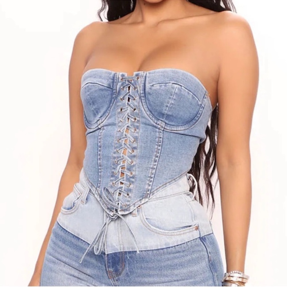 Fashion Nova Strapless Lace Up Denim Corset Top - Medium Wash - Picture 3 of 4